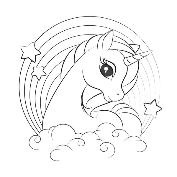 Art. Coloring.  Hand drawn illustration of cute little unicorn .Fashion illustration drawing in modern style. Silhouette. Colorbook.  Isolated .Children background. Magic pony. Sketch animals.