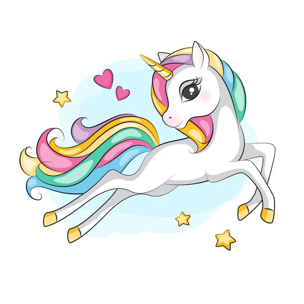 Beautiful Illustration Cute Flying Magical Unicorn Mane Rainbow Colors Hand — Stock Vector