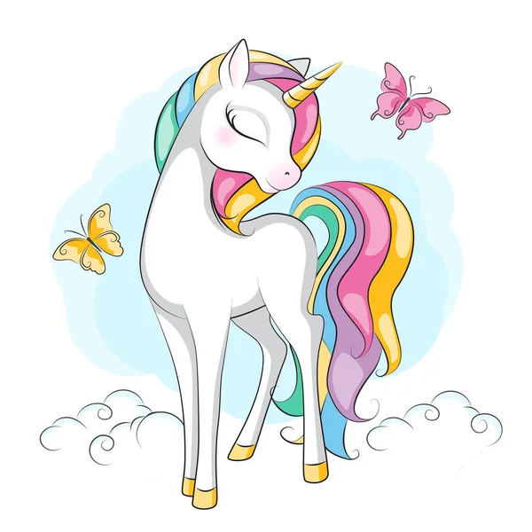 Beautiful Illustration Cute Little Smiling Unicorn Mane Rainbow Colors Hand — Stock Vector