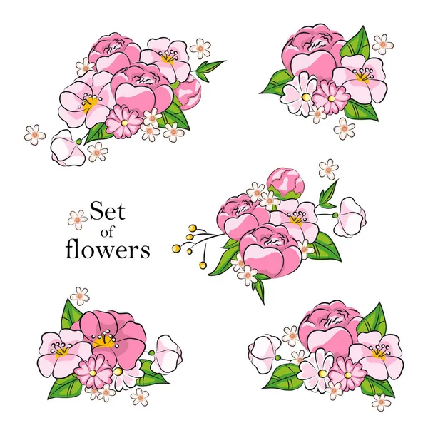 Conjunto Hermosas Flores Silvestres Rosadas Concepto Boda Con Flores Cartel — Vector de stock