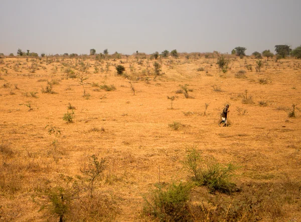 Indischer alter Mann mit Stab liegt auf einer kargen Wüstenebene — Stockfoto