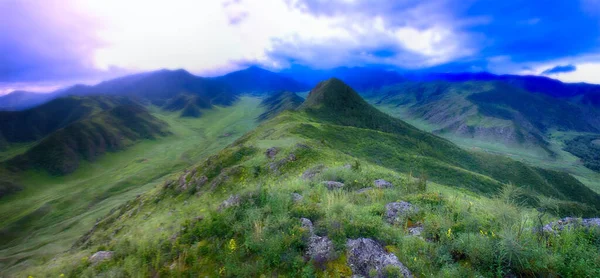 阿尔泰山脉全景 草原和森林山脉的典型景观 — 图库照片