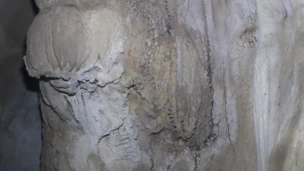 Caveologie. Stalactieten (congelatie, helictiet) in de grot — Stockvideo