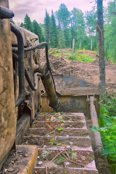 Förstöring Skogar För Byggändamål Bulldozer Röjer Plats För Uppförande Många — Stockfoto