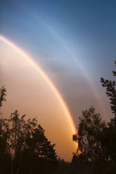 Doppelter Regenbogen Über Wald Primärer Regenbogen Regenbogen Zweiter Ordnung Helles — Stockfoto