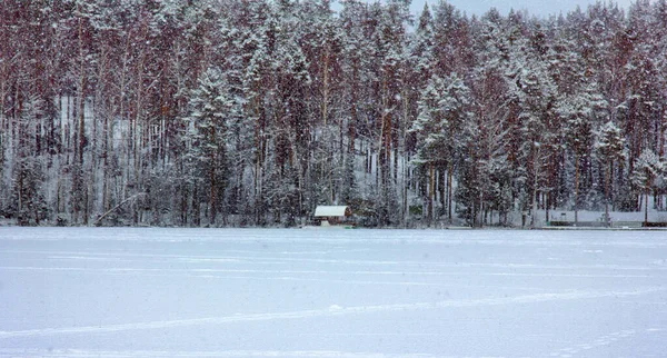 Зимнее Озеро Среди Заснеженных Лесов Домиком Ледяной Рыбалки Ледяная Хижина — стоковое фото