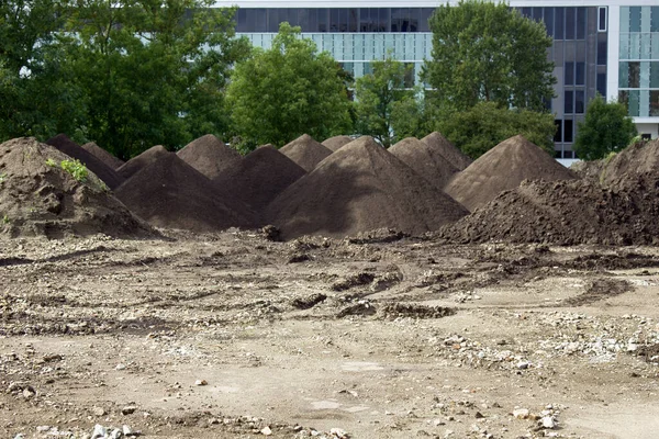 Heaps Sand Brought Truck Construction Roads Preparing Sand Bags Asphalt — Stock Photo, Image