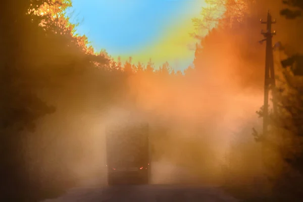 Blurred Background Forestry Management Truck Loaded Wood Logs Mist Sunset — Stock Photo, Image