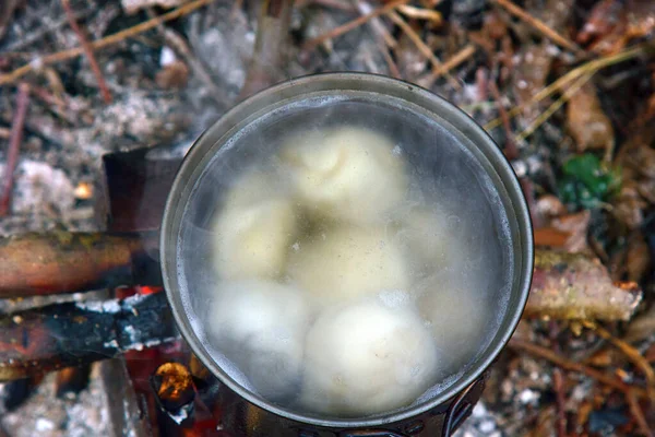キャンプ場でのオープンファイヤーで餃子を調理 — ストック写真