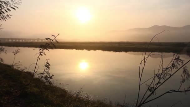 Paisagem com rio tranquilo, nevoeiro e reflexão do sol nascente — Vídeo de Stock