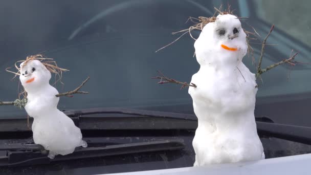 Familie van echte sneeuwpoppen op voorruit van auto — Stockvideo