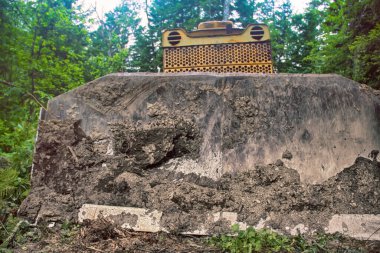 İnşaat için ormanların tahrip edilmesi. Buldozer, Kuzey kozalaklı ormanlarda kilometrelerce uzunluktaki boru hattının inşası için alanı temizliyor. Görünür orman ve güçlü makinelerden oluşan kocaman bir bıçak.