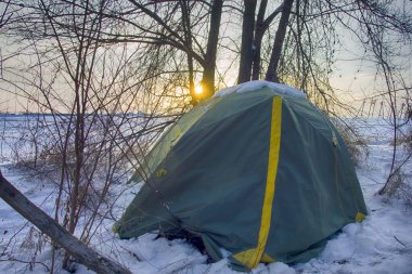 Çadır karla kaplı. Beklenmedik soğuk ve gece yarısı yürüyüşçüleri subtropikal karla kaplı ormanda. Islak kar doğal bir iğrençliktir