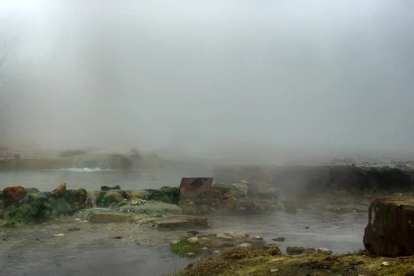 Steam Hot Spring Use Winter Green Grass — Stock Photo, Image