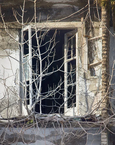 Rovine Balcone Una Città Fantasma Montagne Asiatiche Case Appartamenti Completamente — Foto Stock