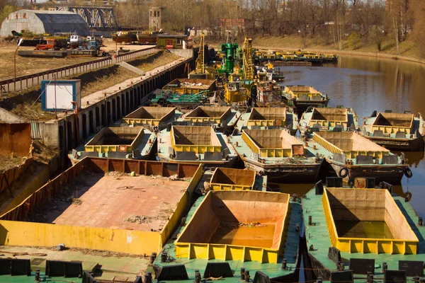 Fleet of special barges for deepening of channels — Stock Photo, Image