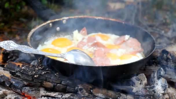 An unusual way of cooking eggs on  fire — Stock Video