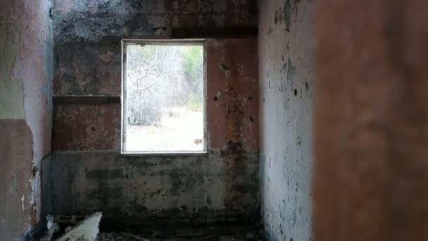Habitación abandonada con una ventana sin cristal — Vídeo de stock
