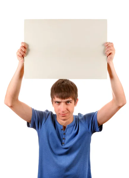 Homem jovem segurar placa em branco — Fotografia de Stock