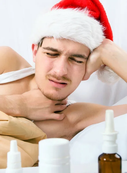 Sick Man Santa Hat Sore Throat Bed — Stock Photo, Image