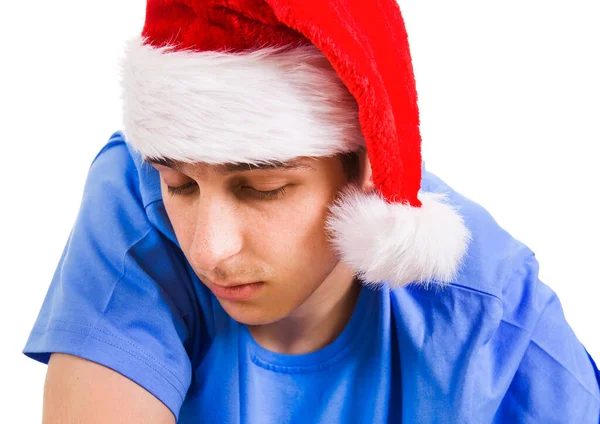 Smutný Mladý Santa Klobouku Portrét Detailní Bílém Pozadí — Stock fotografie