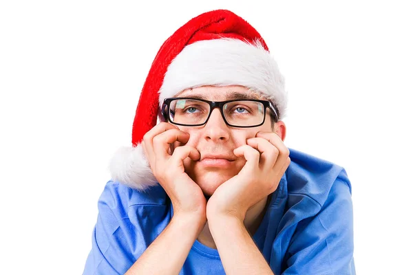 Giovane Triste Santa Hat Ritratto Primo Piano Sullo Sfondo Bianco — Foto Stock