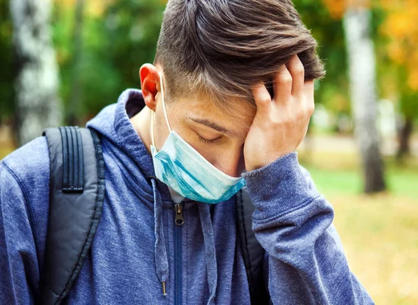 Sad Young Man Flu Mask Park — Stock Photo, Image