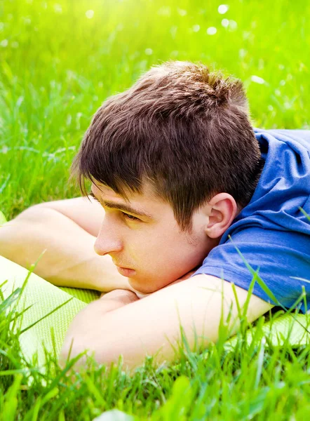 Sad Young Man Grass Summer Meadow — Stock Photo, Image