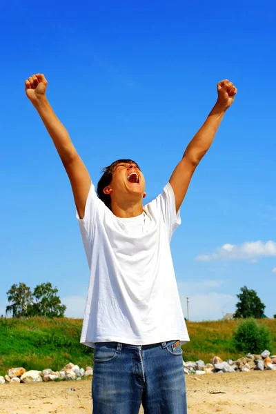 Successful Young Man Hands Summer Day Outdoor — Stock Photo, Image