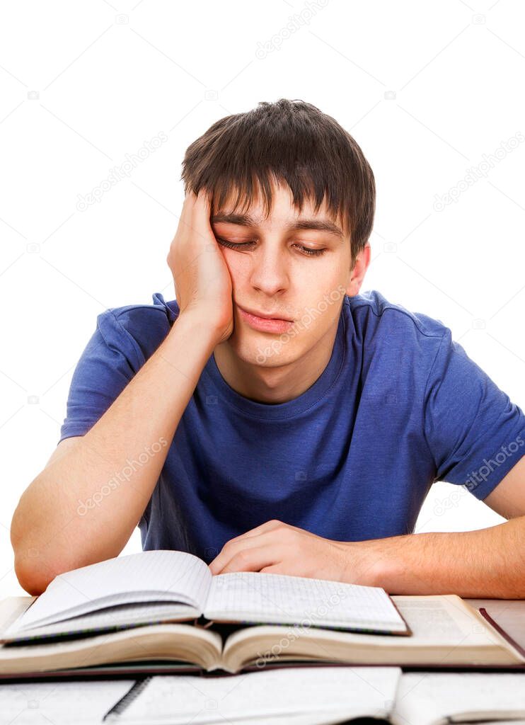 Tired and Troubled Student with a Books on the White Background