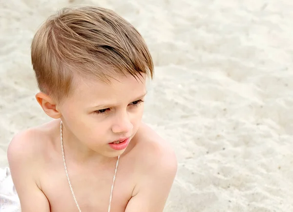 Portrait Sad Small Boy Beach — Stock Photo, Image