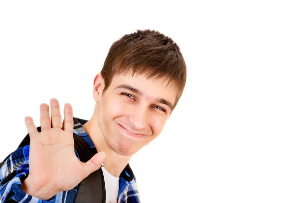 Joven Feliz Agitando Mano Aislado Sobre Fondo Blanco — Foto de Stock