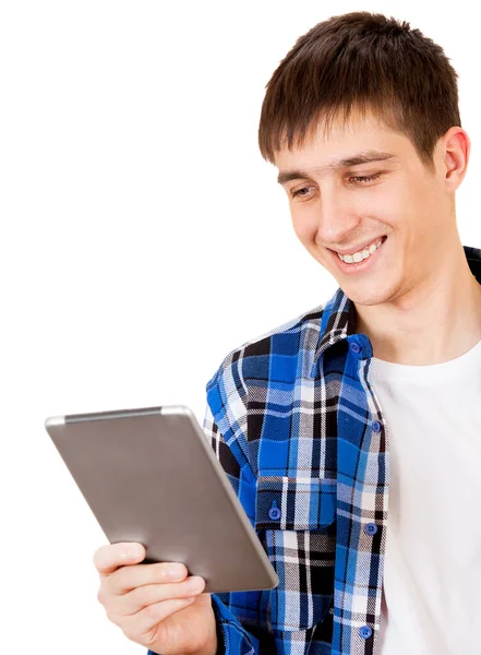 白い背景に隔離されたタブレットコンピュータを持つ幸せな若い男 — ストック写真