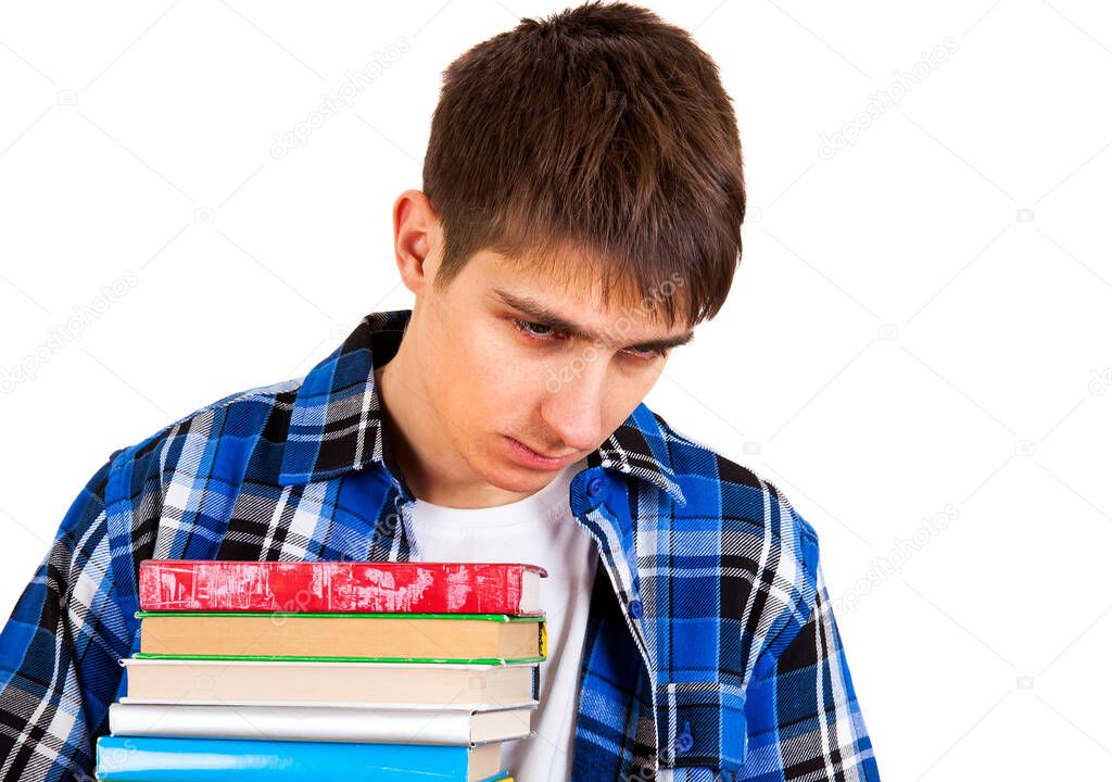Sad Student with the Books Isolated on the White Background