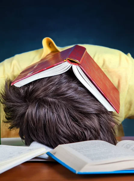 Moe Leerling Slapen Boeken Kamer Close — Stockfoto