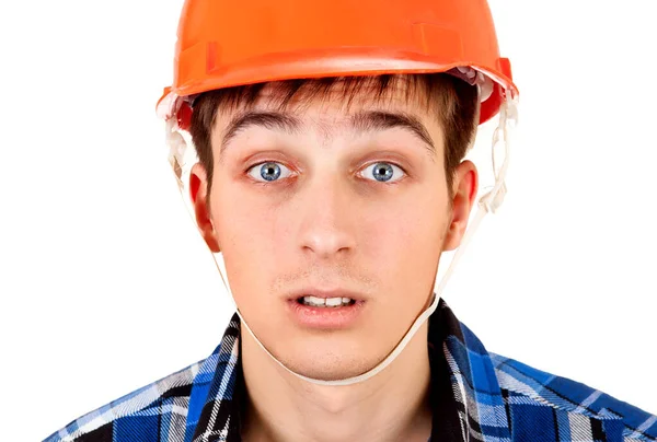 Worried Young Man Hard Hat White Background Closeup — Stock Photo, Image
