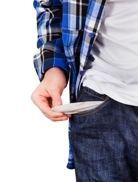 Man Shows Empty Pocket Closeup White Background — Stock Photo, Image