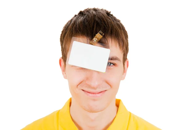 Joven Feliz Con Insignia Vacía Cabeza Sobre Fondo Blanco —  Fotos de Stock