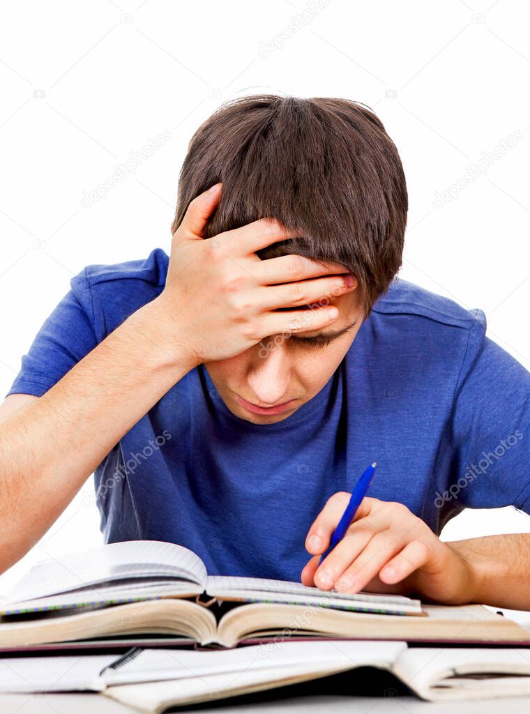 Tired and Sad Student with a Books on the White Background