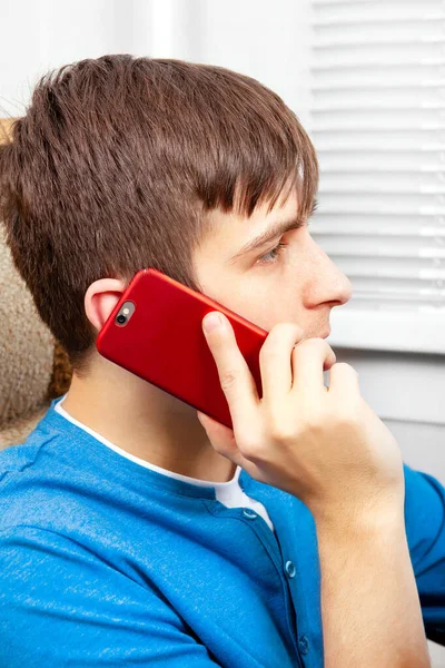 Young Man Phone Sofa Home — Stock Photo, Image