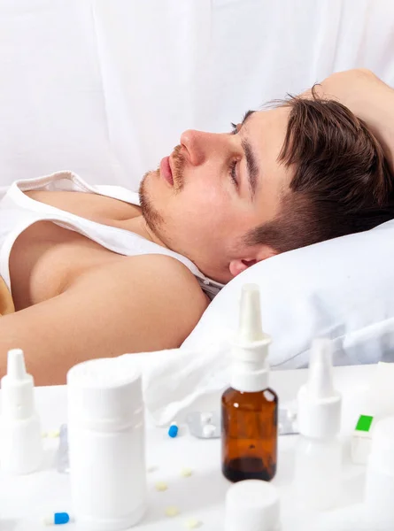 Sick Young Man Bed Home — Stock Photo, Image