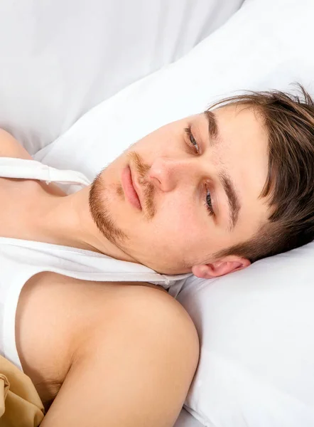 Sad Young Man Bed Home — Stock Photo, Image