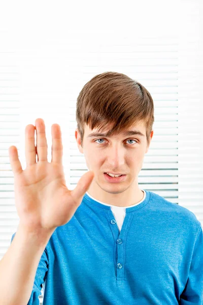 Serious Young Man Show Refusal Gesture Jalousie Background Room — Stock Photo, Image