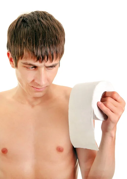 Ongelukkige Jongeman Met Een Toiletpapier Geïsoleerd Witte Achtergrond — Stockfoto