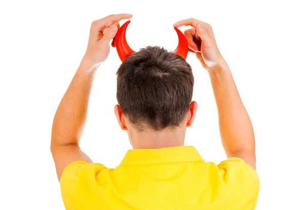 Man Devil Horns Isolated White Background Rear View — Stock Photo, Image