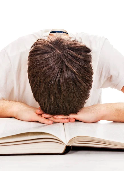 Fatigué Sommeil Étudiant Sur Livre Sur Fond Blanc — Photo