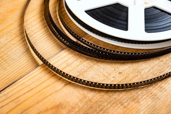 Old Film Reel Wooden Planks Background Closeup — Stock Photo, Image