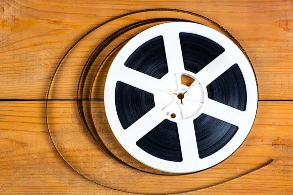 Old Film Reel Wooden Planks Background Closeup — Stock Photo, Image