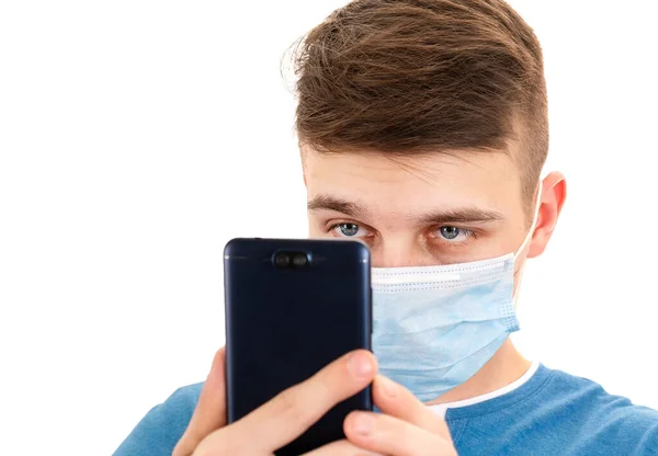 Young Man Flu Mask Κινητό Τηλέφωνο Απομονωμένο Στο Λευκό Φόντο — Φωτογραφία Αρχείου