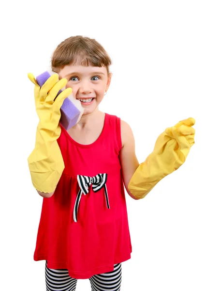 Menina em luvas de borracha — Fotografia de Stock